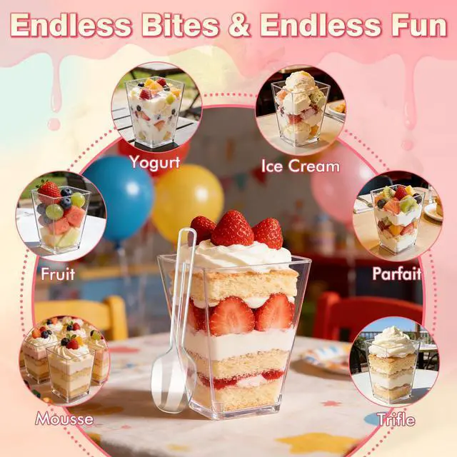 Alt view image 6 of 7 - 5oz Plastic Dessert Cups with Lids and Spoons, Clear Square 20 Pack | Small Yogurt Parfait Cups with Lids, Mini Dessert Shooter Cups with Spoons, Appetizer Cups for Party, Fruit Pudding Ice Cream