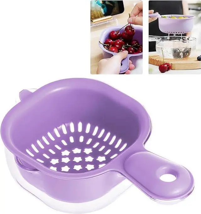 Main image of Kitchen Dual-Layer Draining Basket With Handle, Small Fruit Spinner And Strainer, Mini Colander, Dual Layer Rinser, Watermelon Bowl Strainer Container For Berries, Vegetables, Fruits (Purple)