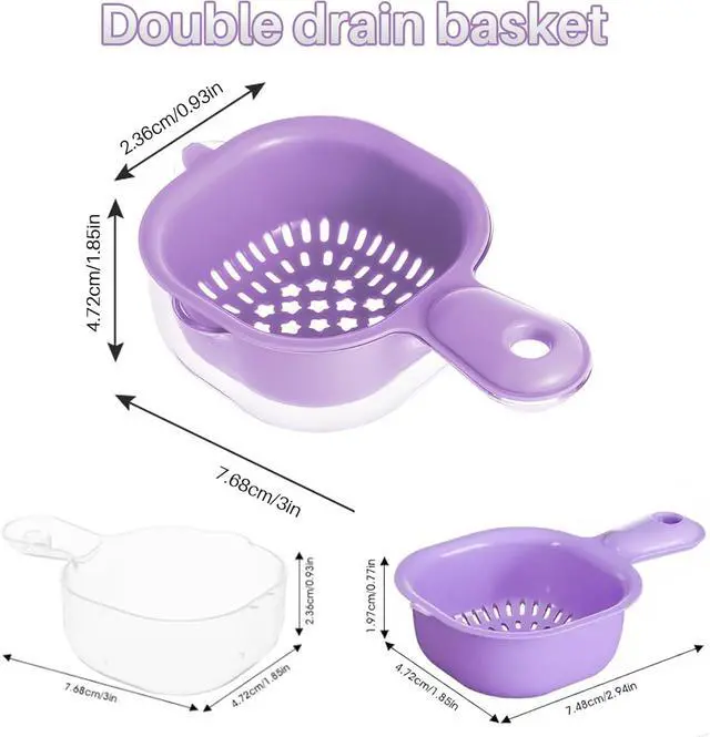Alt view image 2 of 7 - Kitchen Dual-Layer Draining Basket With Handle, Small Fruit Spinner And Strainer, Mini Colander, Dual Layer Rinser, Watermelon Bowl Strainer Container For Berries, Vegetables, Fruits (Purple)