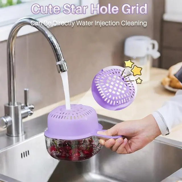 Alt view image 3 of 7 - Kitchen Dual-Layer Draining Basket With Handle, Small Fruit Spinner And Strainer, Mini Colander, Dual Layer Rinser, Watermelon Bowl Strainer Container For Berries, Vegetables, Fruits (Purple)