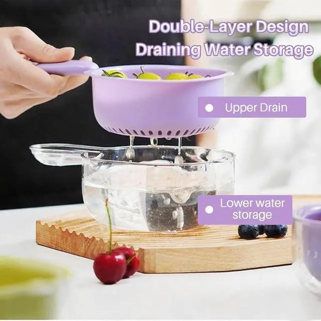 Alt view image 4 of 7 - Kitchen Dual-Layer Draining Basket With Handle, Small Fruit Spinner And Strainer, Mini Colander, Dual Layer Rinser, Watermelon Bowl Strainer Container For Berries, Vegetables, Fruits (Purple)