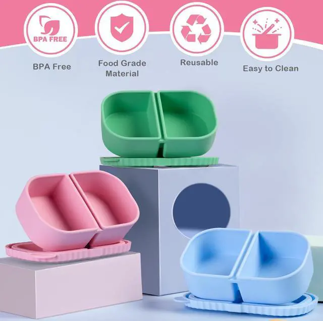 Alt view image 2 of 5 - 3 Pack Reusable Silicone Snack Containers with Lids, 2 Compartment Snackle Box Containers, Salad Dressing Sauce Seasoning Container, Mini Food Storage Boxs for School, Office, Picnic