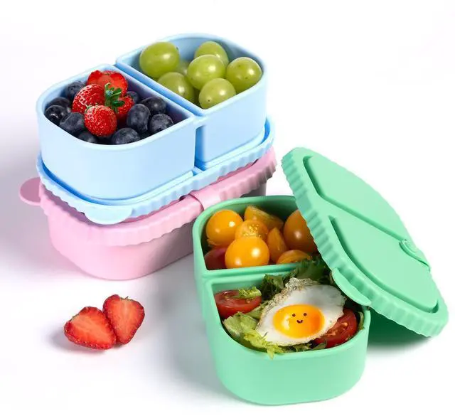 Main image of 3 Pack Reusable Silicone Snack Containers with Lids, 2 Compartment Snackle Box Containers, Salad Dressing Sauce Seasoning Container, Mini Food Storage Boxs for School, Office, Picnic
