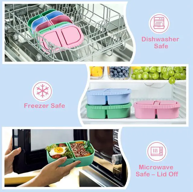 Alt view image 4 of 5 - 3 Pack Reusable Silicone Snack Containers with Lids, 2 Compartment Snackle Box Containers, Salad Dressing Sauce Seasoning Container, Mini Food Storage Boxs for School, Office, Picnic