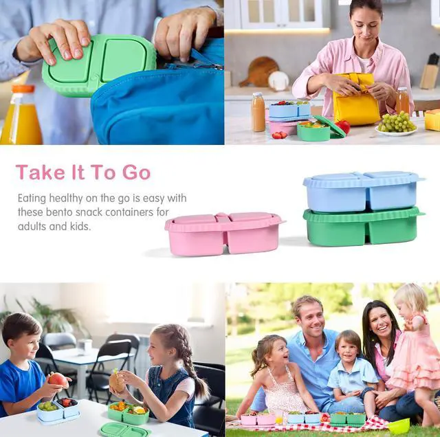 Alt view image 5 of 5 - 3 Pack Reusable Silicone Snack Containers with Lids, 2 Compartment Snackle Box Containers, Salad Dressing Sauce Seasoning Container, Mini Food Storage Boxs for School, Office, Picnic