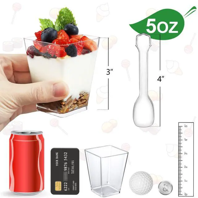 Alt view image 2 of 7 - 25 Pack 5 OZ Plastic Mini Dessert Cups with Spoons - Clear Small Parfait Cups, Square Appetizer Cups for Fruit, Pudding, Mousse, Ice Cream, Party, Wedding, Valentine's Day