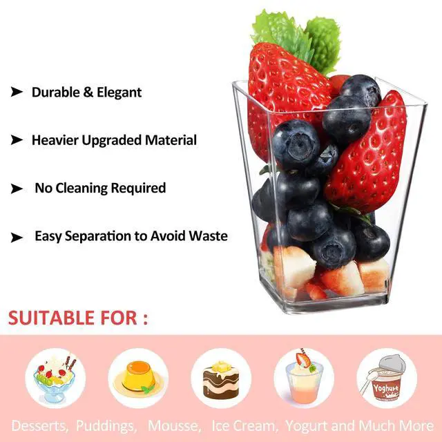 Alt view image 3 of 7 - 25 Pack 5 OZ Plastic Mini Dessert Cups with Spoons - Clear Small Parfait Cups, Square Appetizer Cups for Fruit, Pudding, Mousse, Ice Cream, Party, Wedding, Valentine's Day