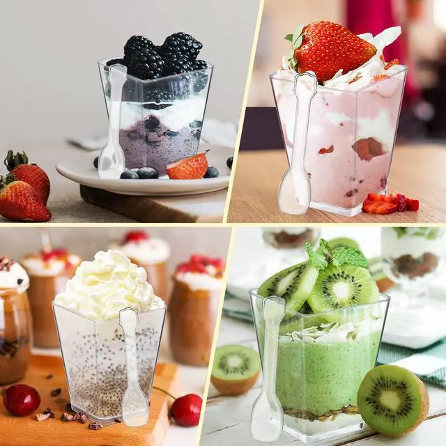Alt view image 4 of 7 - 25 Pack 5 OZ Plastic Mini Dessert Cups with Spoons - Clear Small Parfait Cups, Square Appetizer Cups for Fruit, Pudding, Mousse, Ice Cream, Party, Wedding, Valentine's Day
