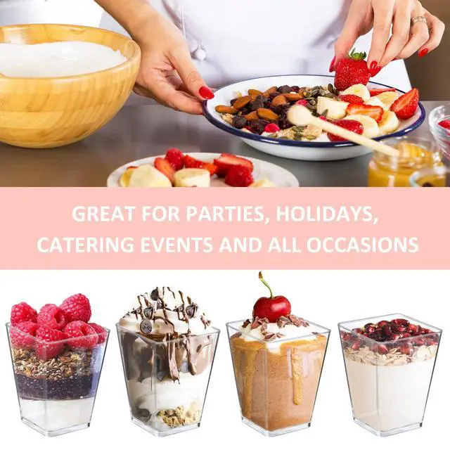 Alt view image 7 of 7 - 25 Pack 5 OZ Plastic Mini Dessert Cups with Spoons - Clear Small Parfait Cups, Square Appetizer Cups for Fruit, Pudding, Mousse, Ice Cream, Party, Wedding, Valentine's Day