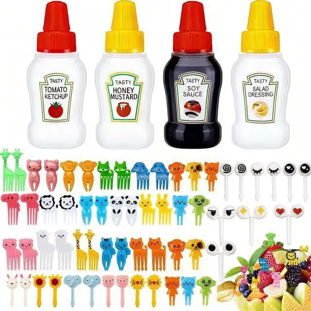 Main image of 64Pcs Kids Lunch Accessories, Mini Ketchup Bottle for Bento Box Accessories | Mini Condiment Squeeze Bottles for Lunch Box Supplies, Small Sauce Containers with Lids, Cute Fun Animal Food Fruit Picks