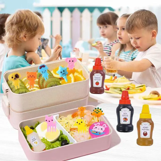 Alt view image 2 of 7 - 64Pcs Kids Lunch Accessories, Mini Ketchup Bottle for Bento Box Accessories | Mini Condiment Squeeze Bottles for Lunch Box Supplies, Small Sauce Containers with Lids, Cute Fun Animal Food Fruit Picks