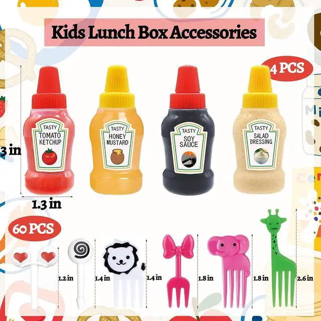 Alt view image 3 of 7 - 64Pcs Kids Lunch Accessories, Mini Ketchup Bottle for Bento Box Accessories | Mini Condiment Squeeze Bottles for Lunch Box Supplies, Small Sauce Containers with Lids, Cute Fun Animal Food Fruit Picks