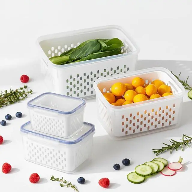 Main image of 2-Pack Fridge Containers w/ Colanders, Airtight for Veggies/Berries/Meat Multi-functional fridge storage: wash, drain & store in one. keeps produce fresh, easy cleaning. for pre-cut fruits & veggies