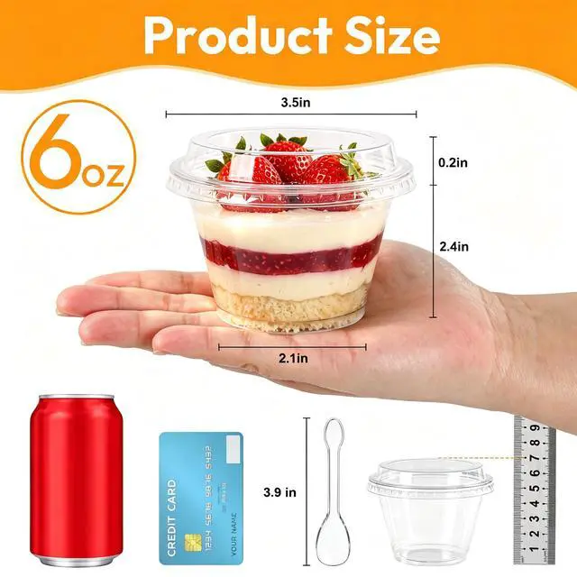 Alt view image 2 of 7 - 100 Pack 6oz Dessert Cups with Lids and Spoons, Small Plastic Yogurt Parfait Cups, Mini Round Party Serving Cup for Fruit, Pudding,Cake, Appetizer