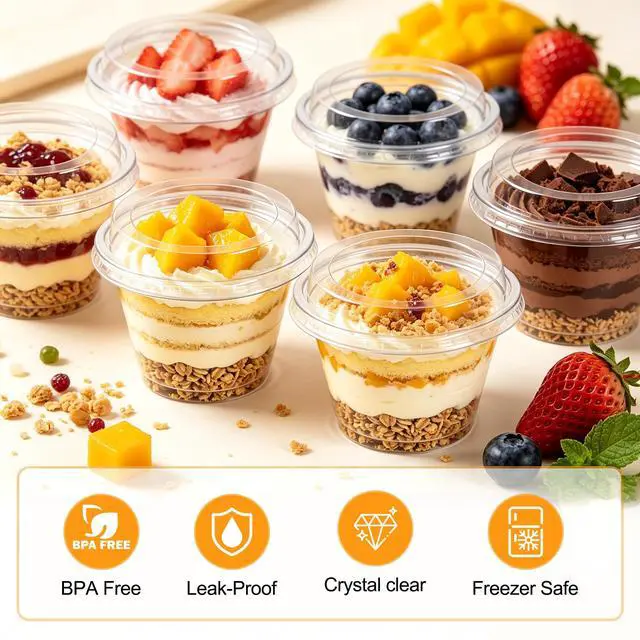 Alt view image 3 of 7 - 100 Pack 6oz Dessert Cups with Lids and Spoons, Small Plastic Yogurt Parfait Cups, Mini Round Party Serving Cup for Fruit, Pudding,Cake, Appetizer