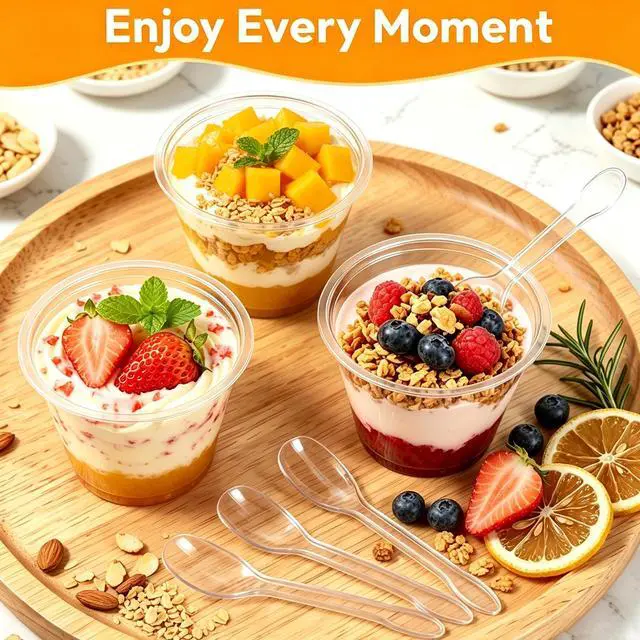 Alt view image 5 of 7 - 100 Pack 6oz Dessert Cups with Lids and Spoons, Small Plastic Yogurt Parfait Cups, Mini Round Party Serving Cup for Fruit, Pudding,Cake, Appetizer
