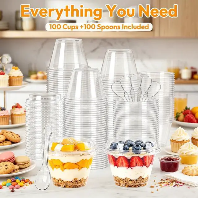 Alt view image 4 of 7 - 100 Pack 6oz Dessert Cups with Lids and Spoons, Small Plastic Yogurt Parfait Cups, Mini Round Party Serving Cup for Fruit, Pudding,Cake, Appetizer