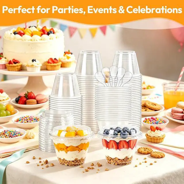 Alt view image 7 of 7 - 100 Pack 6oz Dessert Cups with Lids and Spoons, Small Plastic Yogurt Parfait Cups, Mini Round Party Serving Cup for Fruit, Pudding,Cake, Appetizer