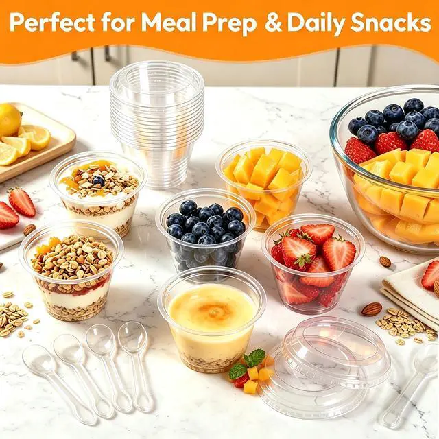 Alt view image 6 of 7 - 100 Pack 6oz Dessert Cups with Lids and Spoons, Small Plastic Yogurt Parfait Cups, Mini Round Party Serving Cup for Fruit, Pudding,Cake, Appetizer