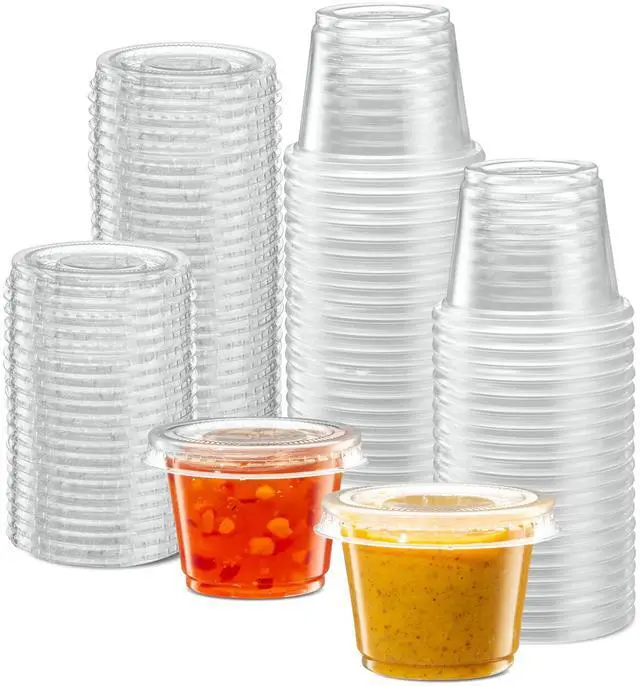 Main image of (1 oz - 100 Sets) Clear Diposable Plastic Portion Cups With Lids, Small Mini Containers For Portion Controll, Jello Shots, Meal Prep, Sauce Cups, Slime, Condiments,