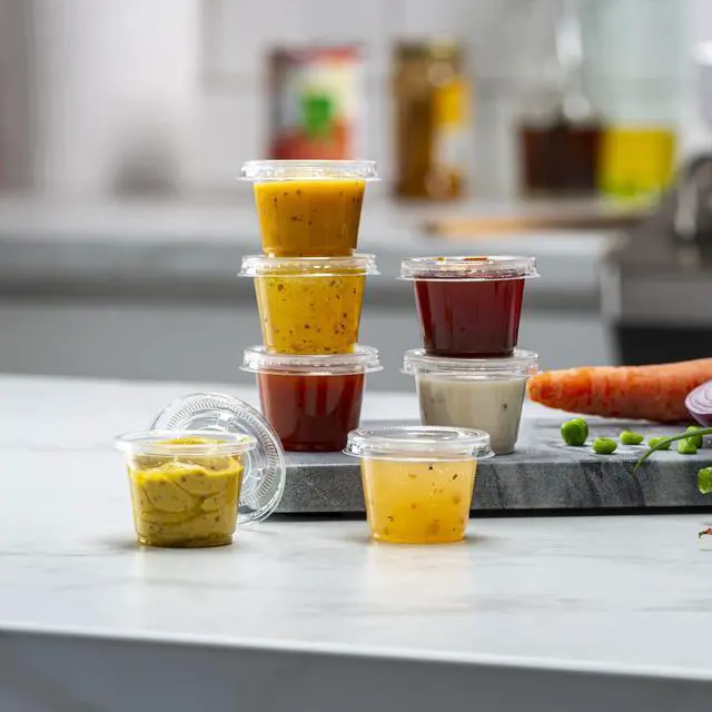 Alt view image 4 of 7 - (1 oz - 100 Sets) Clear Diposable Plastic Portion Cups With Lids, Small Mini Containers For Portion Controll, Jello Shots, Meal Prep, Sauce Cups, Slime, Condiments,