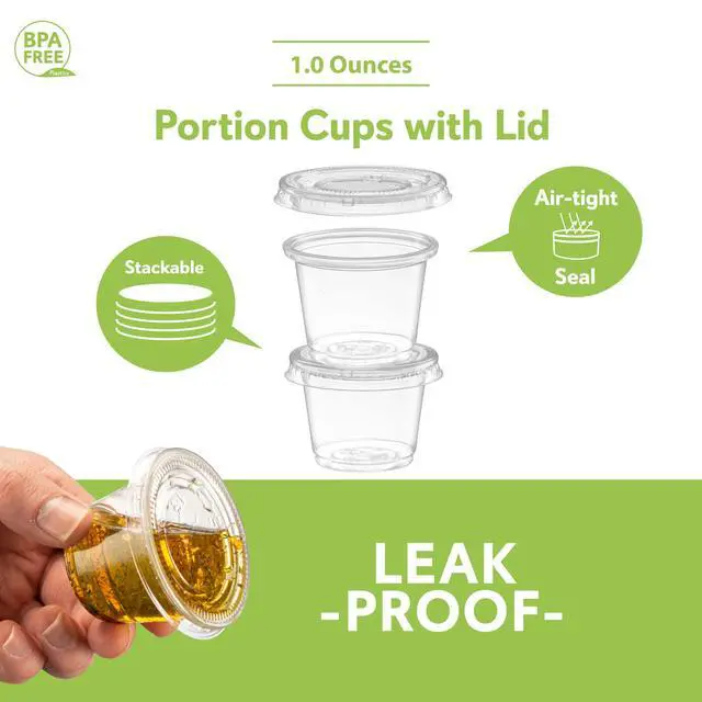 Alt view image 5 of 7 - (1 oz - 100 Sets) Clear Diposable Plastic Portion Cups With Lids, Small Mini Containers For Portion Controll, Jello Shots, Meal Prep, Sauce Cups, Slime, Condiments,