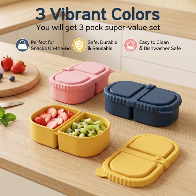 Alt view image 2 of 7 - 3 Pack Silicone Snack Containers for Kids, 2 Compartment Lunch Box | 8 oz Capacity, Leakproof Lid, Food Grade Silicone, Separate Compartments for School Lunch, Daycare and Travel