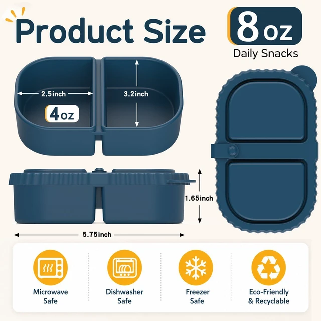 Alt view image 3 of 7 - 3 Pack Silicone Snack Containers for Kids, 2 Compartment Lunch Box | 8 oz Capacity, Leakproof Lid, Food Grade Silicone, Separate Compartments for School Lunch, Daycare and Travel