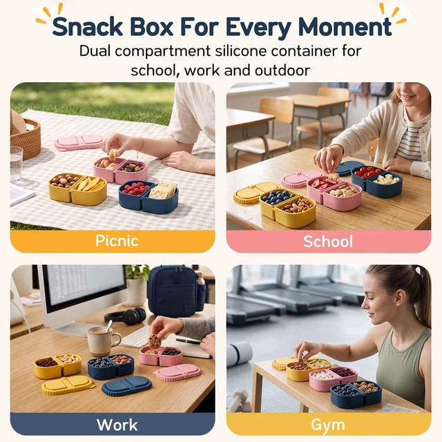 Alt view image 7 of 7 - 3 Pack Silicone Snack Containers for Kids, 2 Compartment Lunch Box | 8 oz Capacity, Leakproof Lid, Food Grade Silicone, Separate Compartments for School Lunch, Daycare and Travel