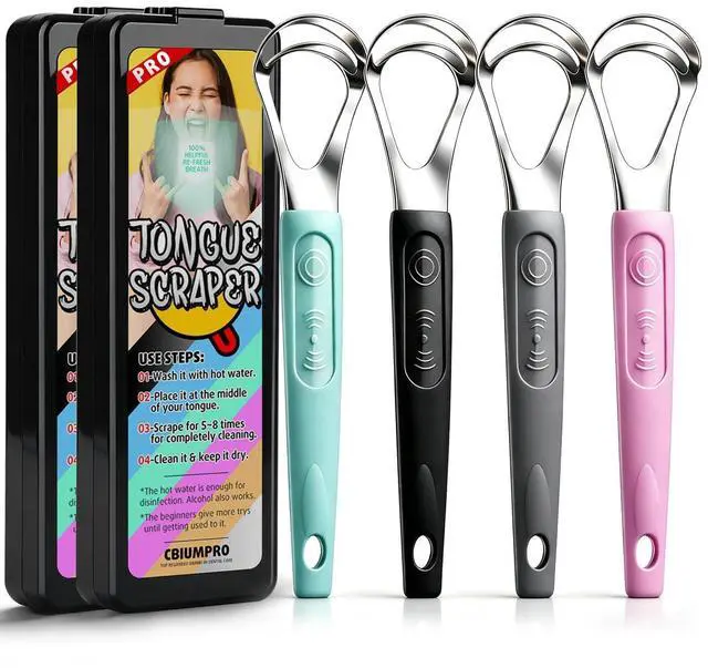 Main image of 4 Pack Colorful Tongue Scraper Cleaner for Kids Adults | Double-Heads, Stainless Steel, Rustproof, Anti-slip Grip, Travel Case, Effectively, Remove Bad Breath, Refresh Confidence
