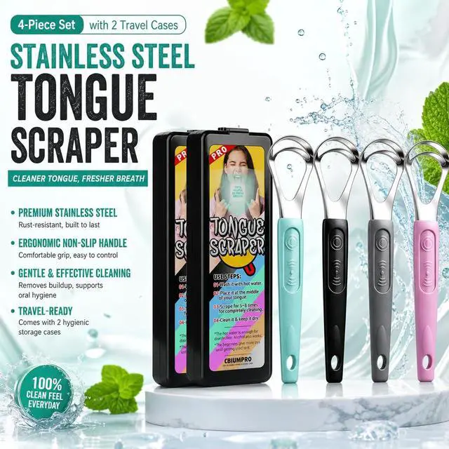 Alt view image 2 of 7 - 4 Pack Colorful Tongue Scraper Cleaner for Kids Adults | Double-Heads, Stainless Steel, Rustproof, Anti-slip Grip, Travel Case, Effectively, Remove Bad Breath, Refresh Confidence