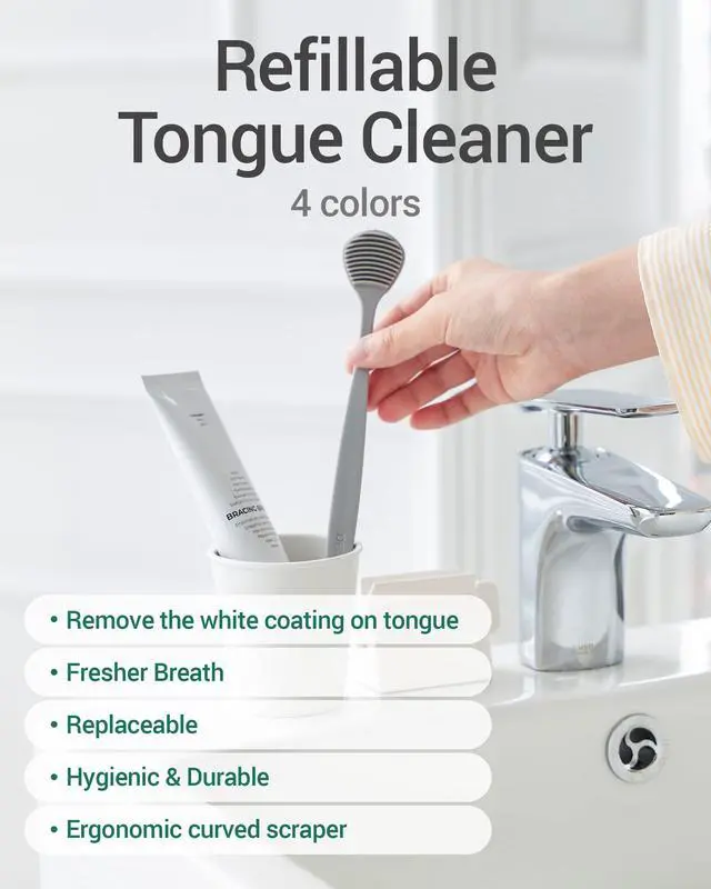 Alt view image 2 of 7 - Tongue Scraper with 3 Replaceable Heads for Up to 9 Months - Soft BPA-Free TPE Tongue Cleaner, Designed to Reduce Gag Reflex, Helps Freshen Breath & Remove White Coating (Deep Gray)
