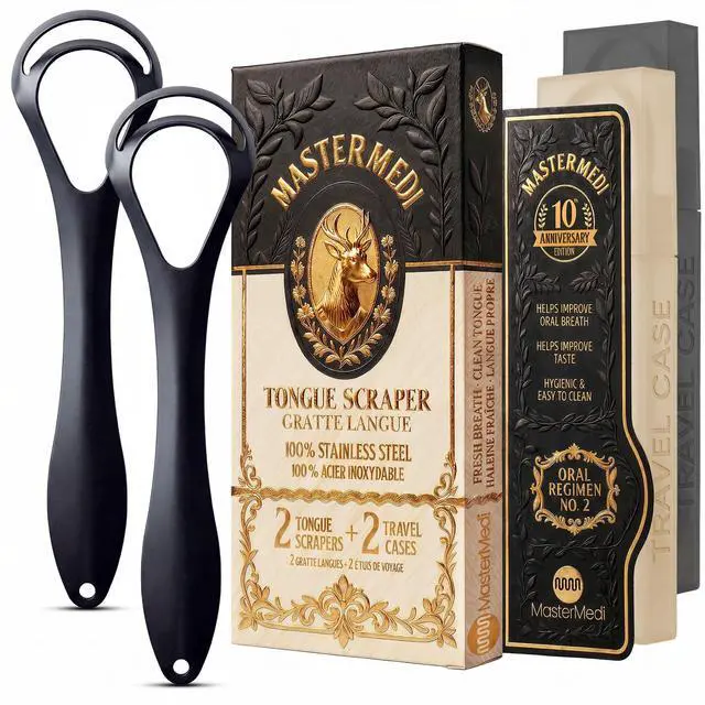 Main image of Black Tongue Scraper with Cases (Spoon Shape, 2 Pack), Tongue Scrubber for Bad Breath Treatment, Easy to Use Tongue Scraper for Adults, Tongue Cleaner for Oral Care