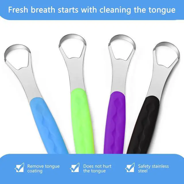Alt view image 3 of 7 - 4 Pcs Tongue Scraper Cleaner Adults Kids,Green, Blue, Black and Purple | Stainless Steel Tongue Brush, Metal Scraper, Reduce Bad Breath, with Travel Cases