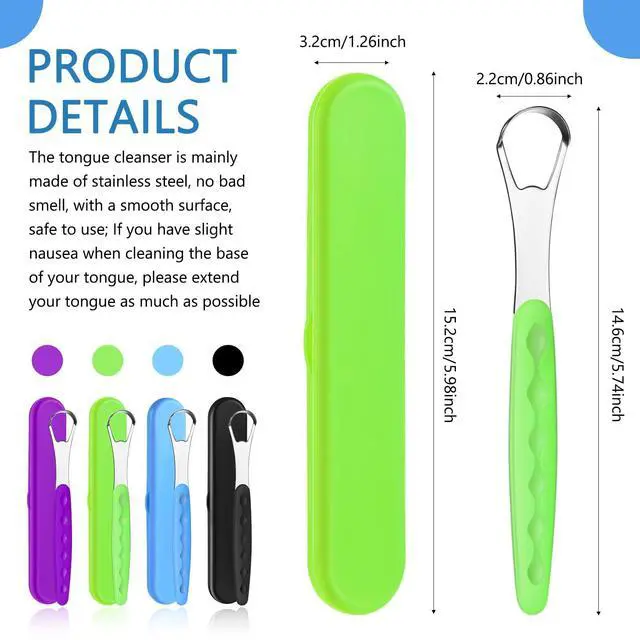 Alt view image 4 of 7 - 4 Pcs Tongue Scraper Cleaner Adults Kids,Green, Blue, Black and Purple | Stainless Steel Tongue Brush, Metal Scraper, Reduce Bad Breath, with Travel Cases