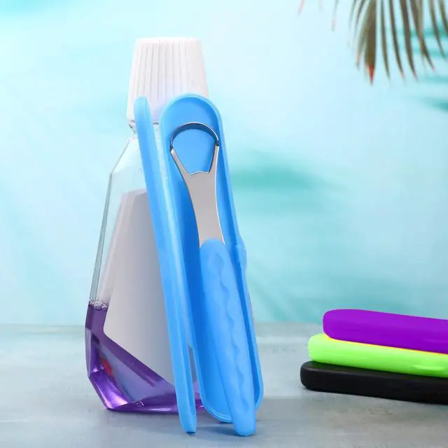 Alt view image 7 of 7 - 4 Pcs Tongue Scraper Cleaner Adults Kids,Green, Blue, Black and Purple | Stainless Steel Tongue Brush, Metal Scraper, Reduce Bad Breath, with Travel Cases