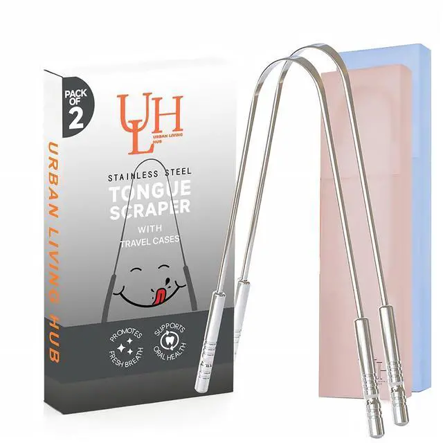 Main image of Tongue Scraper for Adults, Stainless Steel Tongue Cleaner for Bad Breath, Oral Care Tool, Rust-Resistant, Reusable Easy-Grip Design with Travel Case, 2 Pack