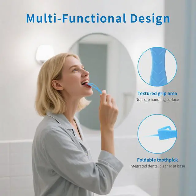 Alt view image 4 of 7 - Tongue Cleaner, Tongue Scraper, Disposable, Plastic Scraper, Clean Tongue, Promote Fresh Breath, Includes Safe Fold- Back Tooth Pick, 100 Count
