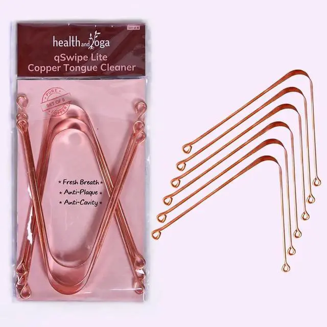 Main image of HealthAndYoga qSwipe Lite Copper Tongue Cleaners (Pack of 6) Prevents Bad breath, Improves taste- Flexible, Curved ends provide good grip Complete Oral Care/Hygiene for Travel/Office/Home