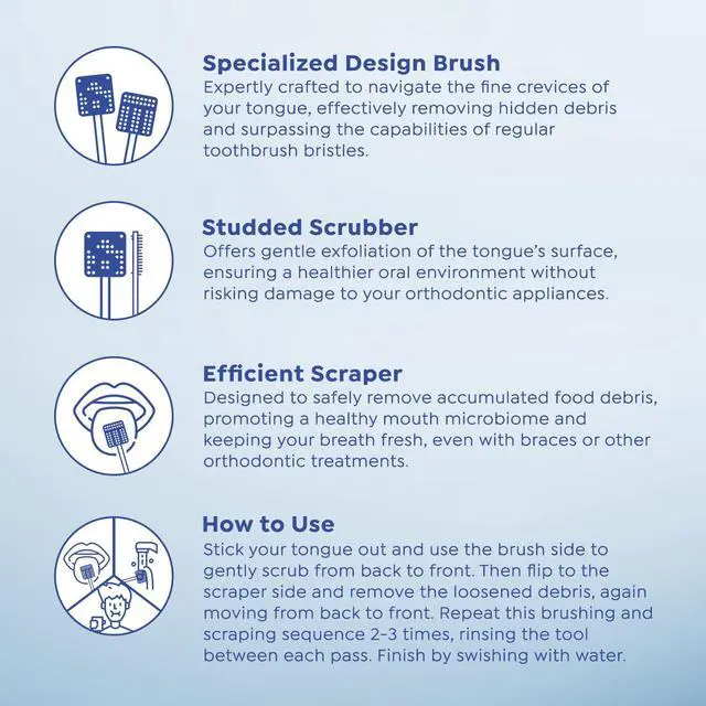 Alt view image 2 of 6 - Ortho Tongue Scraper for Braces & Aligners, Rose Gold | Patented Brush, Scrubber & Scraper Removes Odor-Causing Buildup, Gentle with Braces & Aligners, Teens & Adults