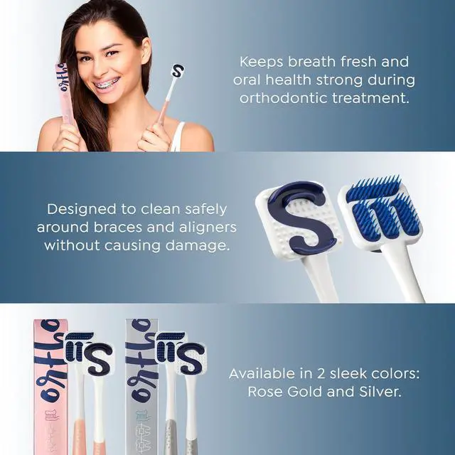 Alt view image 3 of 6 - Ortho Tongue Scraper for Braces & Aligners, Rose Gold | Patented Brush, Scrubber & Scraper Removes Odor-Causing Buildup, Gentle with Braces & Aligners, Teens & Adults