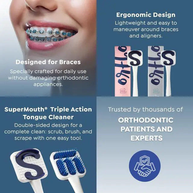 Alt view image 4 of 6 - Ortho Tongue Scraper for Braces & Aligners, Rose Gold | Patented Brush, Scrubber & Scraper Removes Odor-Causing Buildup, Gentle with Braces & Aligners, Teens & Adults