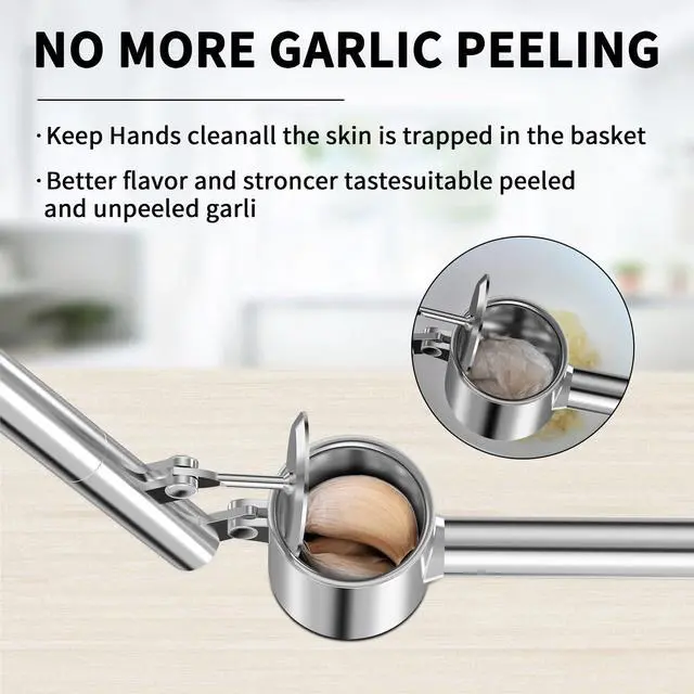Alt view image 3 of 7 - 5-in-1 Stainless Steel Garlic Press Set with Large Chamber & Mincer - Heavy Duty Rustproof Garlic Crusher with Ergonomic Handle, Dishwasher Safe, Easy Squeeze Design for Ginger, Nuts, Herbs (Large)