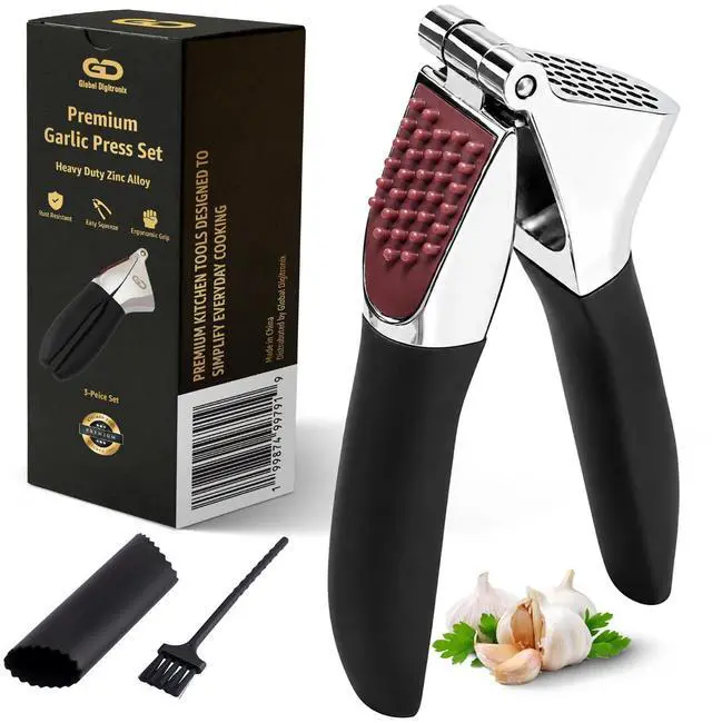 Main image of Garlic Press Set Heavy Duty Garlic Crusher & Mincer | No Peel Required | Easy Squeeze & Clean | Ergonomic Handle | Ginger Press Silicone Peeler & Cleaning Brush | Large Chamber Kitchen Tool