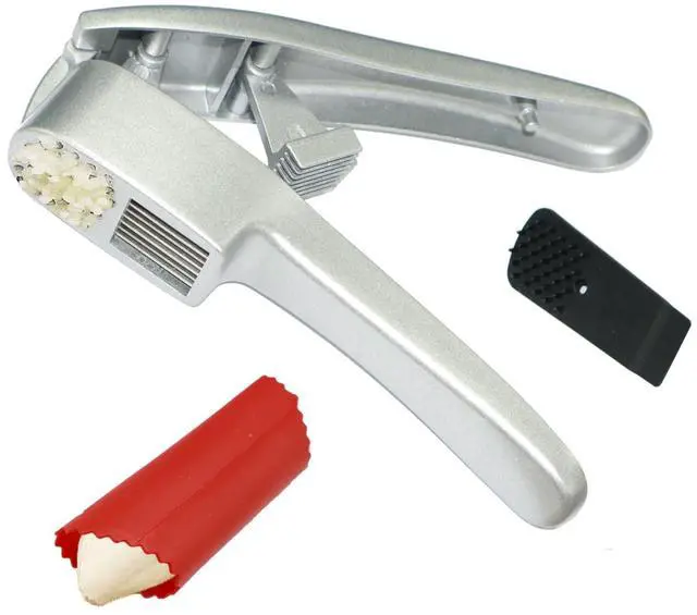 Main image of 2-in-1 Garlic Press and Slicer, Handle Kitchen Tool for Home Cooking | Aluminum Garlic Mincer Crusher, Silicone Peeler, Cleaning Brush, Rustproof Non-Slip, Dishwasher Safe