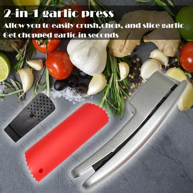 Alt view image 2 of 7 - 2-in-1 Garlic Press and Slicer, Handle Kitchen Tool for Home Cooking | Aluminum Garlic Mincer Crusher, Silicone Peeler, Cleaning Brush, Rustproof Non-Slip, Dishwasher Safe
