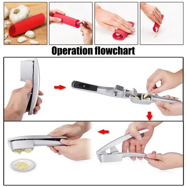Alt view image 3 of 7 - 2-in-1 Garlic Press and Slicer, Handle Kitchen Tool for Home Cooking | Aluminum Garlic Mincer Crusher, Silicone Peeler, Cleaning Brush, Rustproof Non-Slip, Dishwasher Safe