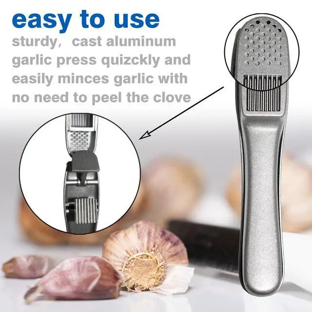 Alt view image 5 of 7 - 2-in-1 Garlic Press and Slicer, Handle Kitchen Tool for Home Cooking | Aluminum Garlic Mincer Crusher, Silicone Peeler, Cleaning Brush, Rustproof Non-Slip, Dishwasher Safe