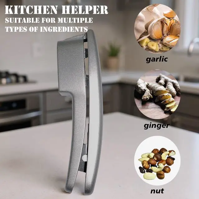 Alt view image 6 of 7 - 2-in-1 Garlic Press and Slicer, Handle Kitchen Tool for Home Cooking | Aluminum Garlic Mincer Crusher, Silicone Peeler, Cleaning Brush, Rustproof Non-Slip, Dishwasher Safe