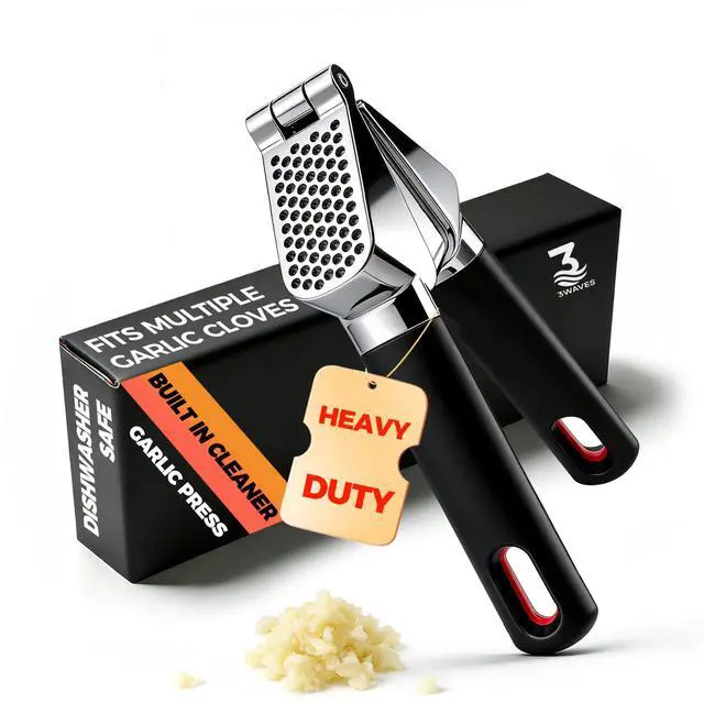 Main image of Heavy Duty Garlic Press | Built-In Peel Cleaner | Large Chamber fits Multiple Cloves | Easy Squeeze Ergonomic handle | Food-Grade & Independently Tested | Rust Proof Die Cast Zinc Alloy